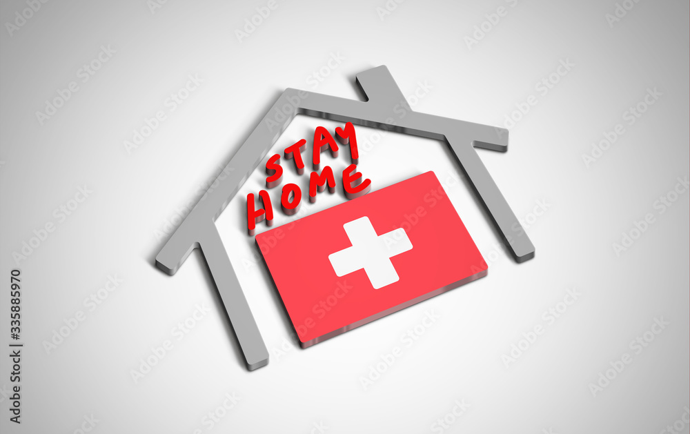 Obraz premium Stay at home slogan with house and country flag inside. Protection campaign or measure from coronavirus, COVID--19. Corona virus (covid 19) campaign to stay at home. Switzerland