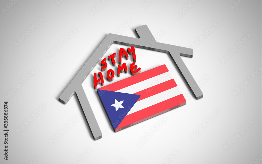 Stay at home slogan with house and country flag inside. Protection campaign or measure from coronavirus, COVID--19. Corona virus (covid 19) campaign to stay at home. Puerto Rico