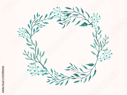 Watercolor wreath with branches and leaves.