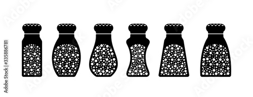 Set with salt and pepper shakers. Black spice bottles icons isolated on white background. Vector illustration.
