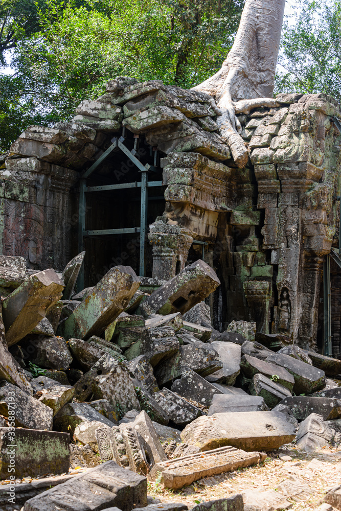 Metal scaffolding provide support for walls as the roots of a giant tree threaten to ruin and take over the Unesco World Heritage site of Ankor Thom, Siem Reap, Cambodia Metal scaffolding provide support for walls as the roots of a giant tree threaten to ruin and take over the Unesco World Heritage site of Ankor Thom, Siem Reap, Cambodia