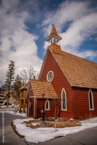 View of the historic St. Michaels Anglican Church in Canmore Alberta. 