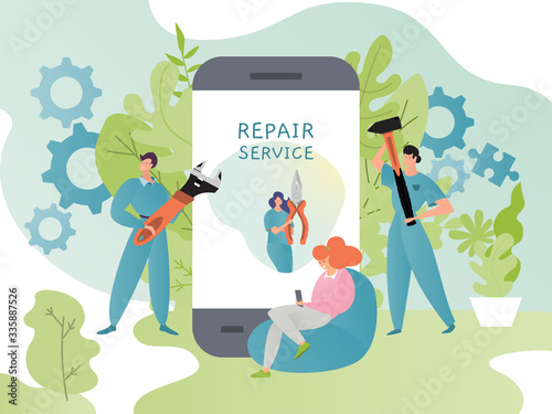 Repair service app concept vector illustration. Cartoon flat tiny worker people with tools, woman character using online application on smartphone for mobile technical assistance, call technician