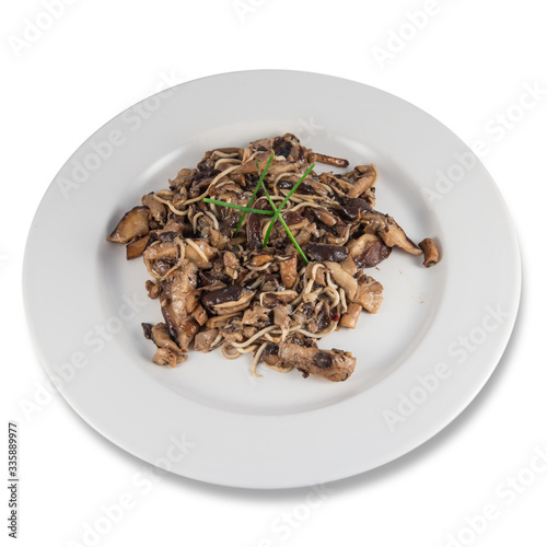 Plate of siitake mushrooms with baby eels