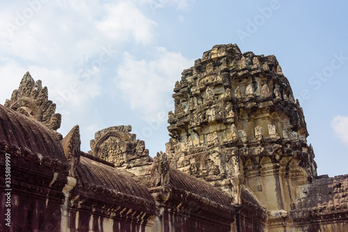 Distinctive stupa towers on the roof of the UNESCO World Heritage Site of Angkor Wat, Siem Reap, Cambodia