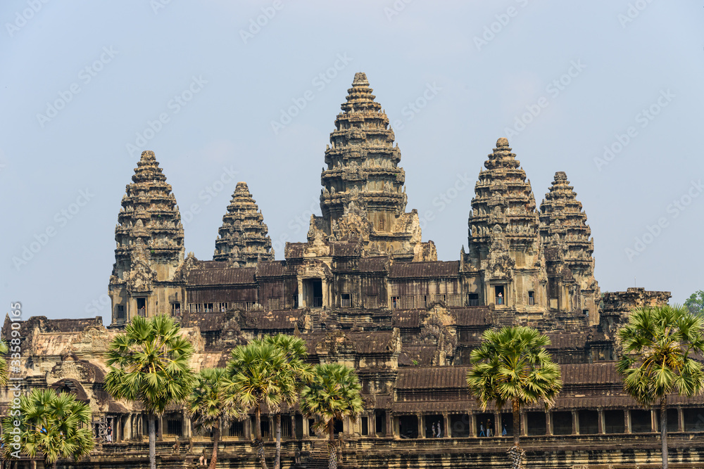 Distinctive stupa towers on the roof of the UNESCO World Heritage Site of Angkor Wat, Siem Reap, Cambodia