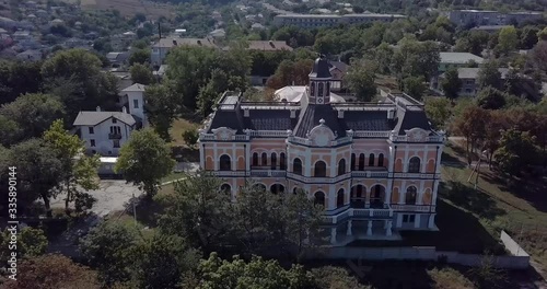 HINCESTI, MOLDOVA, Aerial Drone view of Manuc Bei Mansion or Manuc Bey Mansion. Historical architectural complex is located in Hincesti city in the central-western part of the Rep. Of Moldova photo