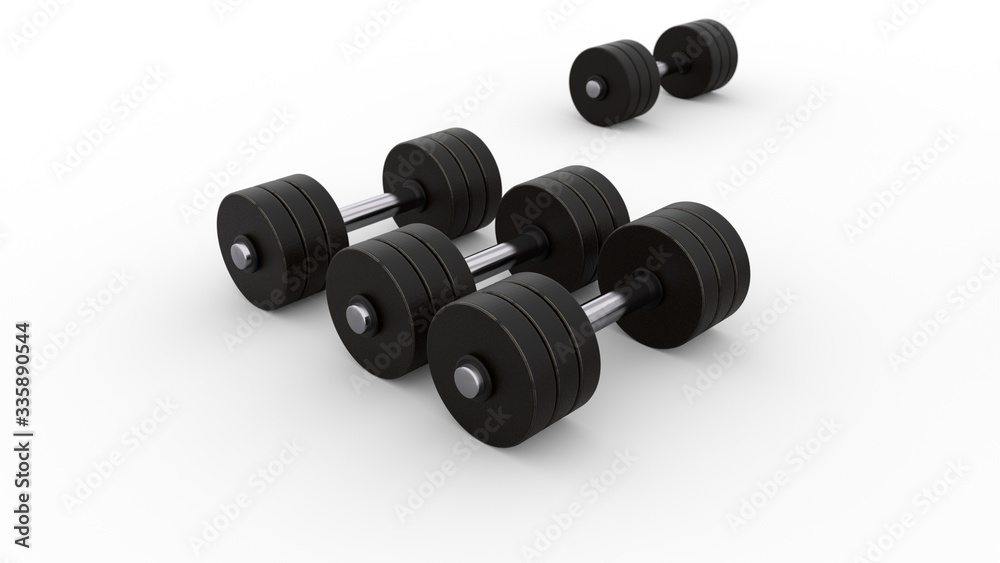 Dumbbells isolated on a white background. Dumbbells over white background. 3d render. 3d illustration Dumbbells isolated on a white background. Dumbbells over white background. 3d render. 3d illustration