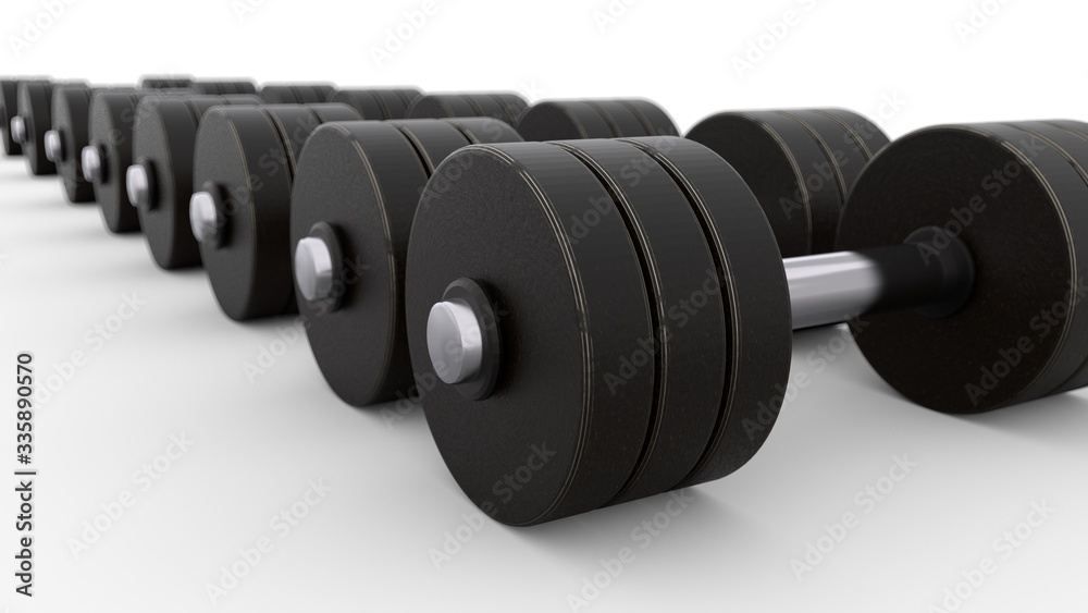 Dumbbells isolated on a white background. Dumbbells over white background. 3d render. 3d illustration Dumbbells isolated on a white background. Dumbbells over white background. 3d render. 3d illustration