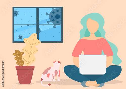 Women are at home working on a notebook to be safe from corona virus infection.Illustration about Working at home
