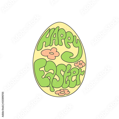 Happy Easter text lettering in cartoon paschal egg on white background. Vector illustration of cute colorful greeting card in Easter egg shape