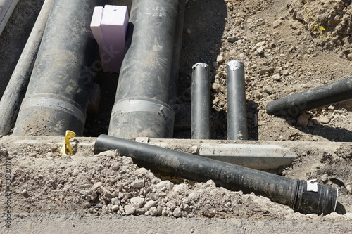 junction of pipes in a cvivil engineering construction site closeup 
