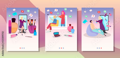 Beauty blogger vector illustration. Video blogging content banner. Woman cartoon character does make up tutorial for blog. Girl influencer does cosmetics review online broadcast in social network.