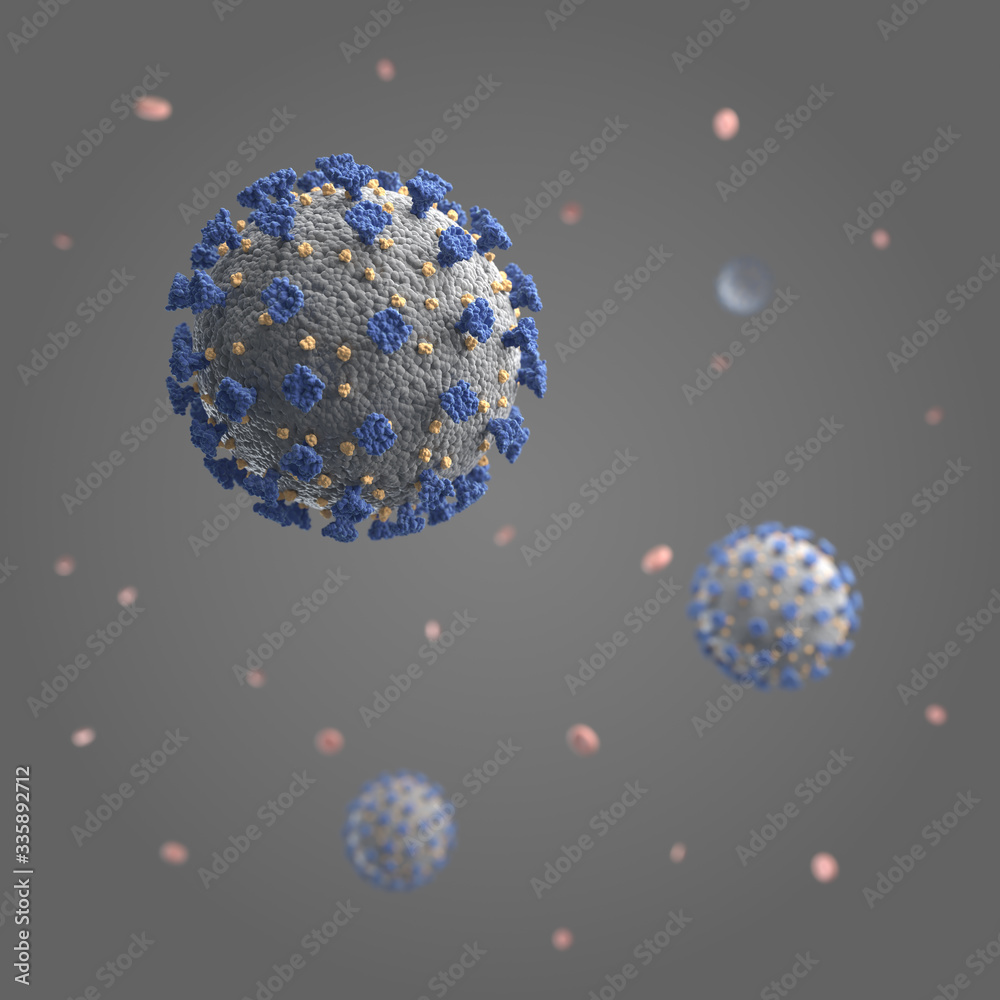 COVID-19 representation of the coronavirus virus in the blood seen under the miscroscope, microbiology 3d render illustration