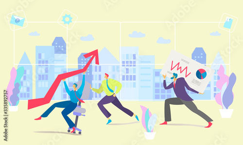 Business chart vector illustration with businessman holding graph arrow sitting on chair. Business man runs with financial diagram on placard. Success  growth and achievement concept. Flat style.