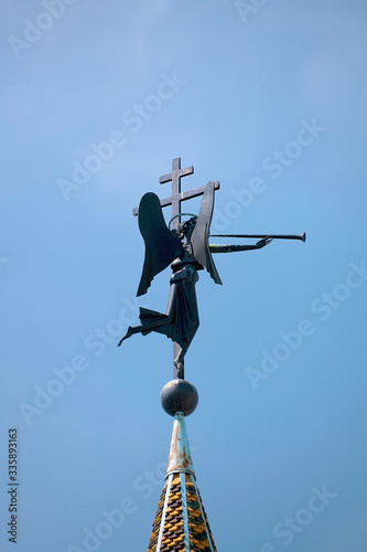 Russia, Kazan June 2019. Weather vane with an angel in the Raif monastery. Christian culture, tourism and pilgrimage.