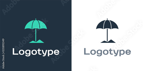 Logotype Sun protective umbrella for beach icon isolated on white background. Large parasol for outdoor space. Beach umbrella. Logo design template element. Vector Illustration