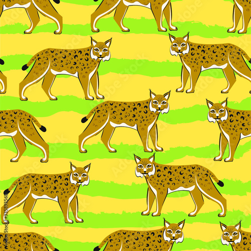 Lynx, animal, cartoon, character , fashion vector seamless pattern on yellow background. Concept for wallpaper, wrapping paper, cards 
