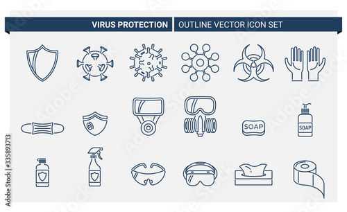 Virus protection outline vector icon set