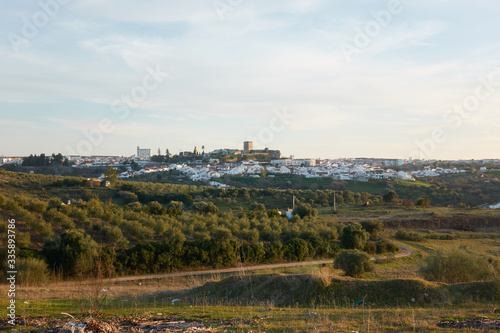 View of Moura city with olive trees on the foreground in Alentejo, Portugal