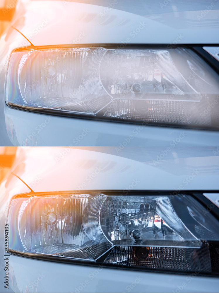 Photo of the same car before and after polishing the headlights.