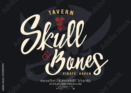 Skull and Bones. Vintage handmade typeface. Original hand made font and logotype. Retro and vintage handmade logo and font. Print on clothes, sticker.