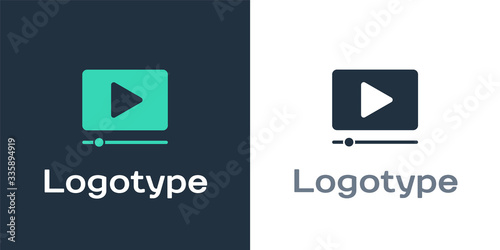 Logotype Online play video icon isolated on white background. Film strip with play sign. Logo design template element. Vector Illustration