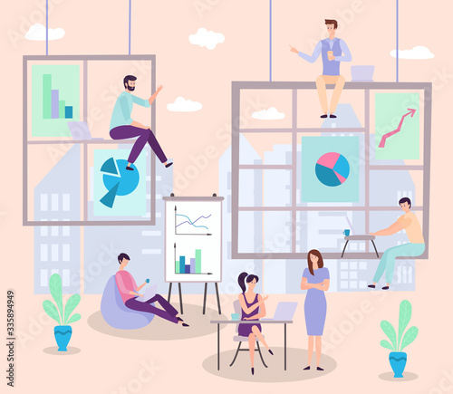 Coworking open space office interior vector illustration. Coworker cartoon characters on workspace. Business people teamwork. Woman with laptop drinks coffee. Man sitting near chart. Corporate meeting