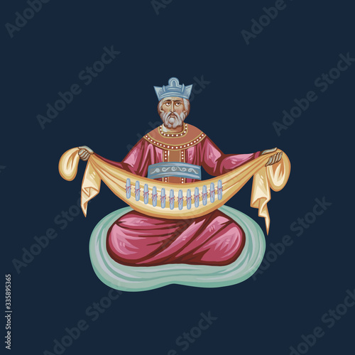 Fotografie King with ubrus (scarf) and 12 scrolls. Part of Pentecost icon