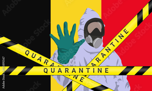 Illustration vector graphic of image man wearing hazmat suits to prevent Coronavirus and diseases on Belgium flag background. Vector of yellow quarantine tape. Concept of covid-19 quarantine.