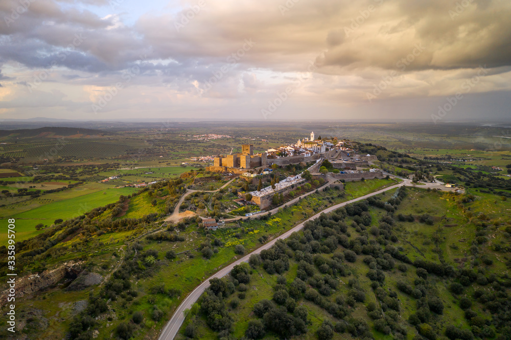 Monsaraz drone aerial view in Alentejo at sunset, in Portugal