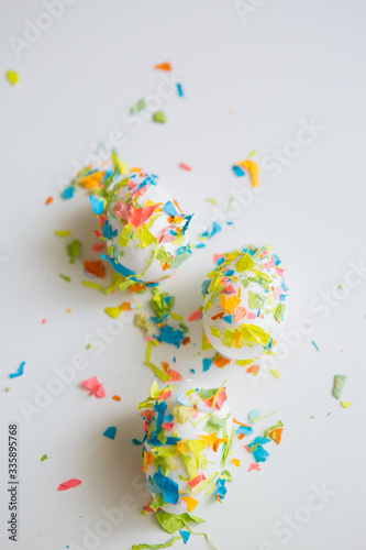 Easter eggs decorated with paper confetti