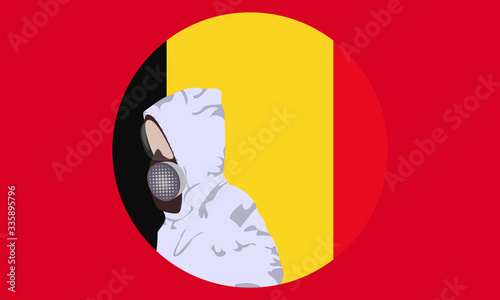 Illustration graphic of image man wearing hazmat suits to prevent Coronavirus and diseases on round Belgium flag background. Wuhan virus disease. Vector EPS10. covid-19.