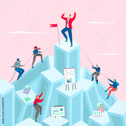 Business competition concept vector illustration. Businessman on the top pf the mountain. Competitive businessmen climb up. People cartoon characters compete for leadership. Success, goal achievement.