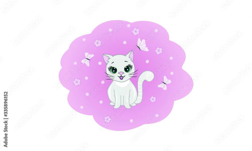 Vector illustration. A smiling kitten sits around flowers and butterflies. Baby card. Vector illustration. A smiling kitten sits around flowers and butterflies. Baby card.