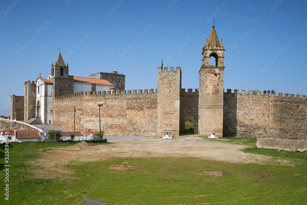 Mourao castle facade entrance with tower in Alentejo, Portugal