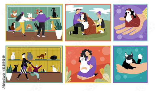 Adopt pet, dog or cat vector illustration. Cartoon happy couple characters, family people rescue, love and hug, adopting cute kitten puppy in animal shelter. Flat adoption homeless pet banner set
