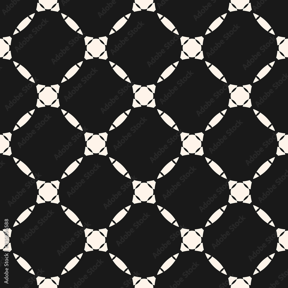 Naklejka premium Abstract geometric grid pattern. Vector monochrome seamless texture with diagonal lattice, rounded shapes, repeat tiles. Black and white graphic background. Dark elegant design for decoration, fabric
