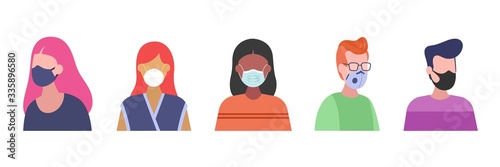 Face mask types set. People wearing medical mask to prevent virus disease. Set of flat style characters isolated on white background. Good for web, store and infographic.