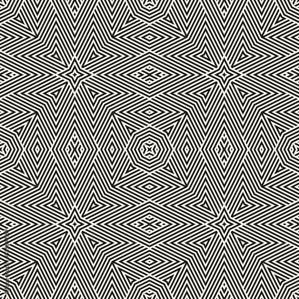 Vector geometric linear seamless pattern. Modern black and white background with simple geometric shapes, diagonal lines, stripes, rhombuses, octagons, triangles. Abstract monochrome graphic texture Vector geometric linear seamless pattern. Modern black and white background with simple geometric shapes, diagonal lines, stripes, rhombuses, octagons, triangles. Abstract monochrome graphic texture