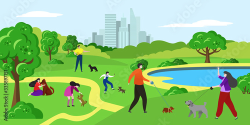 People with pet dog in park vector illustration. Cartoon flat happy woman man pet owner characters walk  child play with dog puppy together  training own animal. Family activity in green city park