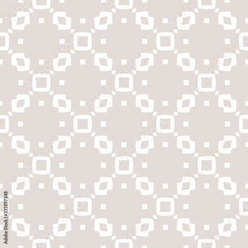 Subtle vector geometric seamless pattern with small elements, squares, rhombuses, grid. Abstract minimalist texture in beige and white color. Elegant minimal repeat background. Design for decor, cloth