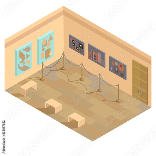 Museum in isometric style. Art exhibition of paintings. Vector illustration of gallery interior.