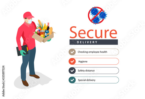 Isometric delivery man or courier in a medical mask and gloves delivering food to customer at home. Online purchases during a quarantine. Contactless or to the door delivery.