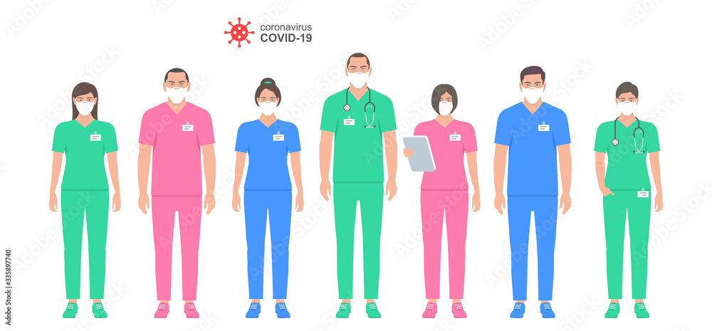 Doctors in white medical face mask. Set Doctors and nurse in protection masks. Health Care and Safety. Coronavirus COVID-19 virus. Flat Style
