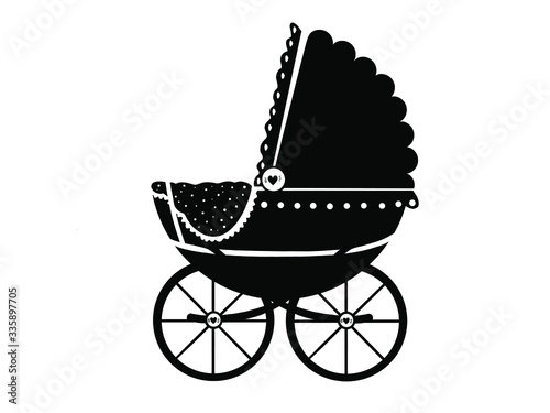 Pram. Monochrome object isolated on white background. Hand drawn illustration