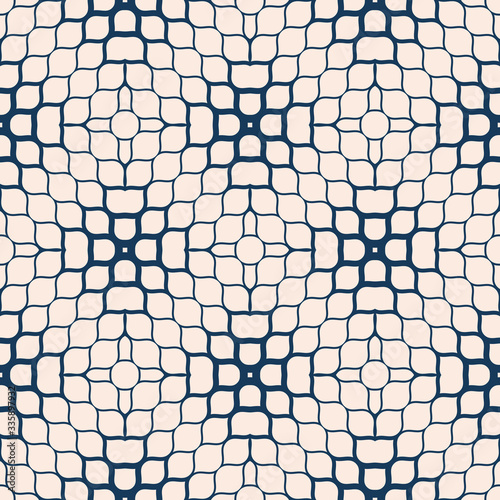 Vector geometric halftone texture. Abstract seamless pattern with gradient transition effect, small shapes, net, mesh, ripple surface. Deep blue and beige minimal repeat background. Creative design