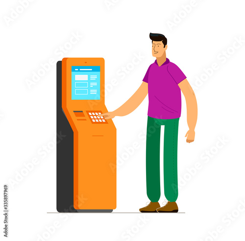 Man at information terminal stand. Business vector illustration