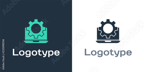 Logotype Laptop and gear icon isolated on white background. Adjusting app, setting options, maintenance, repair, fixing. Logo design template element. Vector Illustration