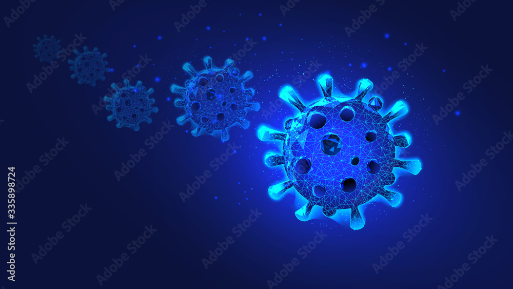 Virus Molecules from triangles and luminous points. Concept of biomedical research, the search for treatment option or hazard warning. Background of beautiful dark blue night sky. Macro. Low poly.